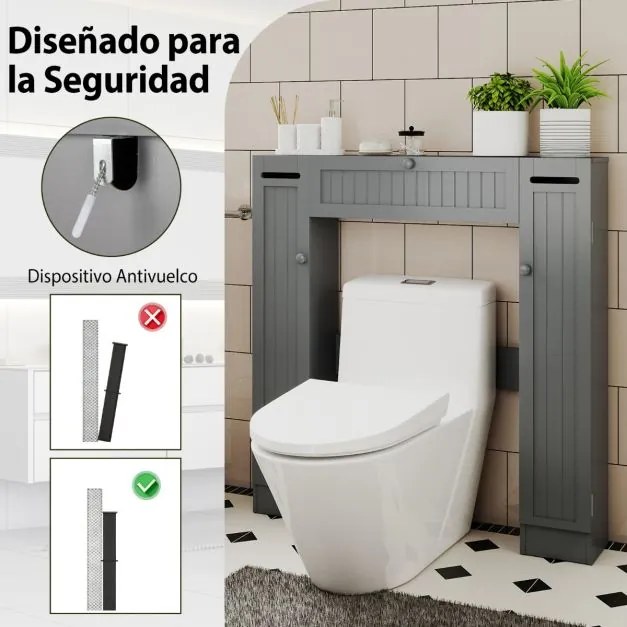 Estante sobre sanita 89 x 19,5 x 99 cm de casa de banho com prateleiras ajustáveis com suporte para papel higiênico Porta basculante Cinzenta