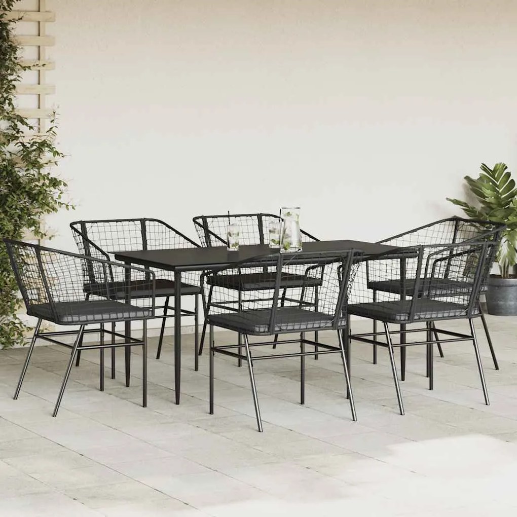 Conjunto de jantar jardim 7 peças almofadas vidro vime PE preto