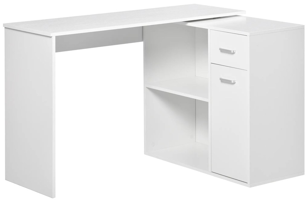 HOMCOM Secretária de Canto Secretária Giratória 180º com 2 Prateleiras 1 Gaveta 1 Armário para Escritório Casa 117x82x74cm Branco