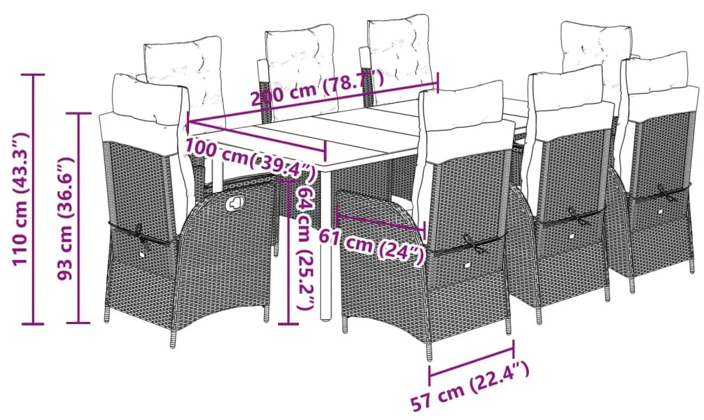 9 pcs conjunto de jantar p/ jardim com almofadões vime PE bege