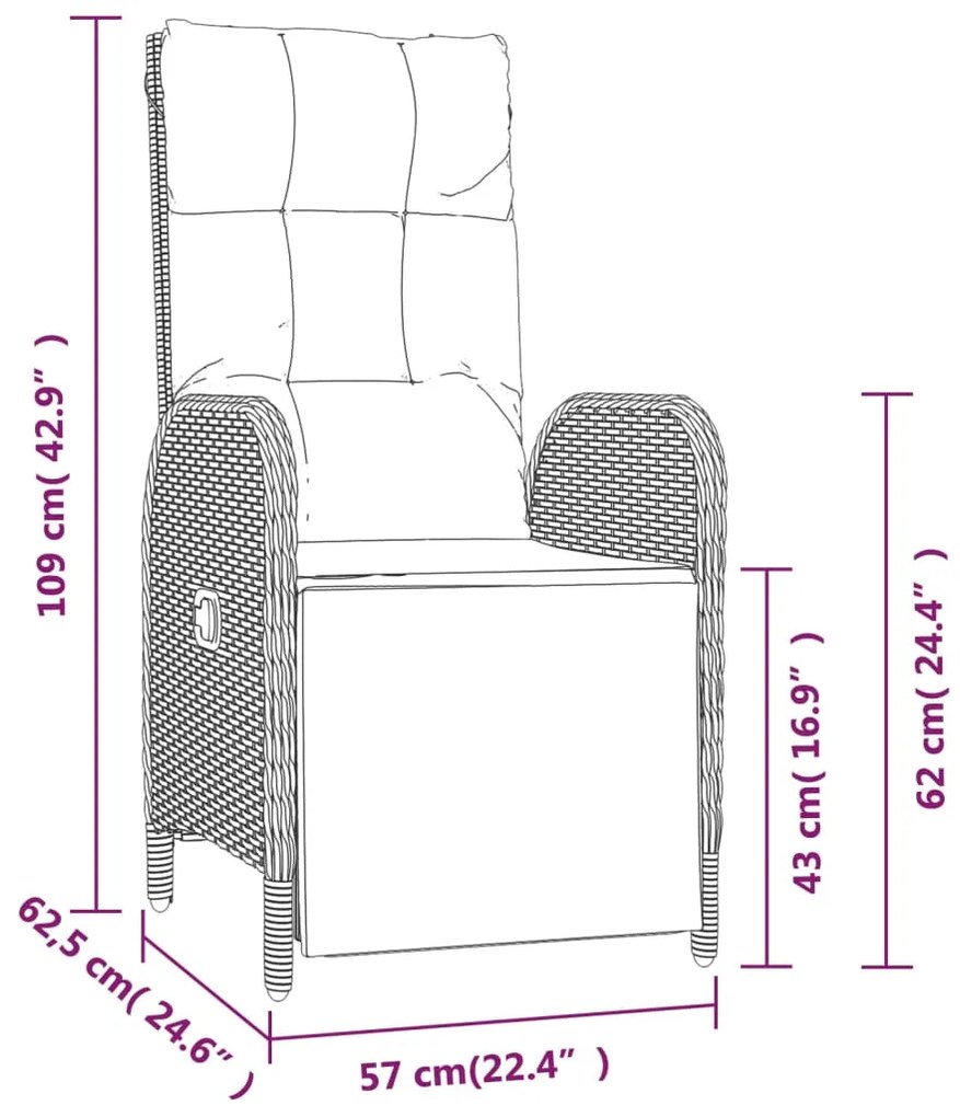 Poltronas de jardim reclináveis 2 pcs com mesa vime PE cinza