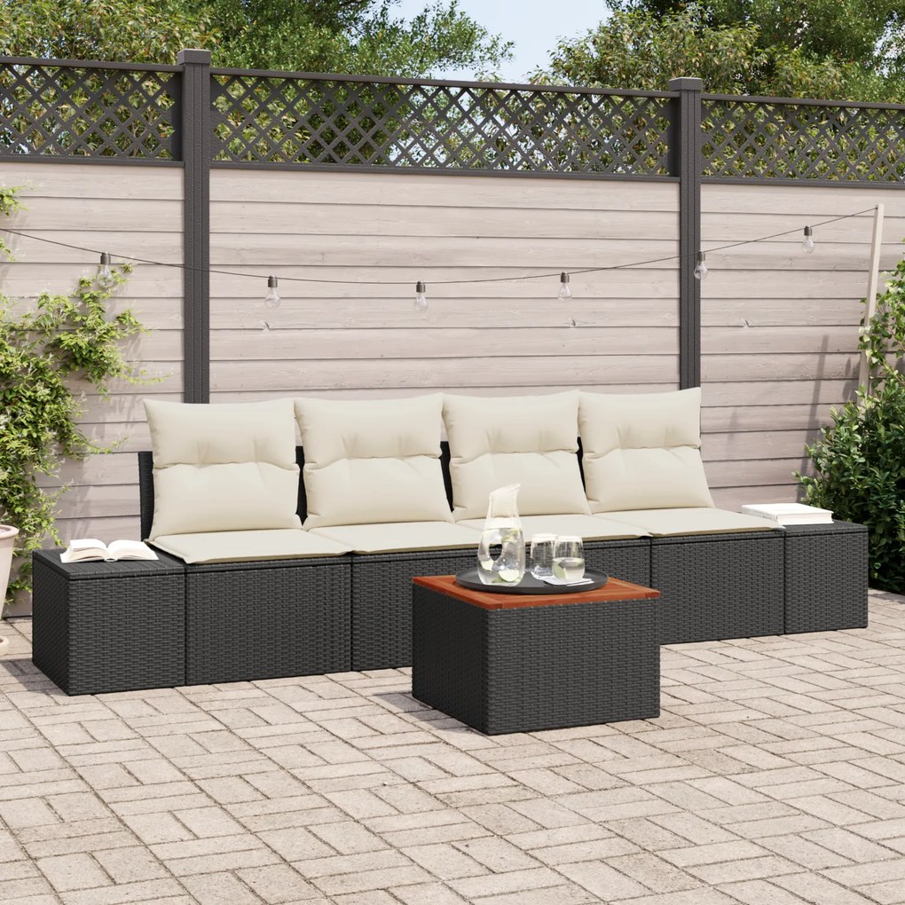 vidaXL Conjunto de Sofás de Jardim de 5 Peças com Almofadas Preto Polirattan Acácia