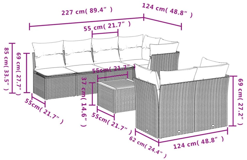 8 pcs conjunto sofás de jardim com almofadões vime PE preto