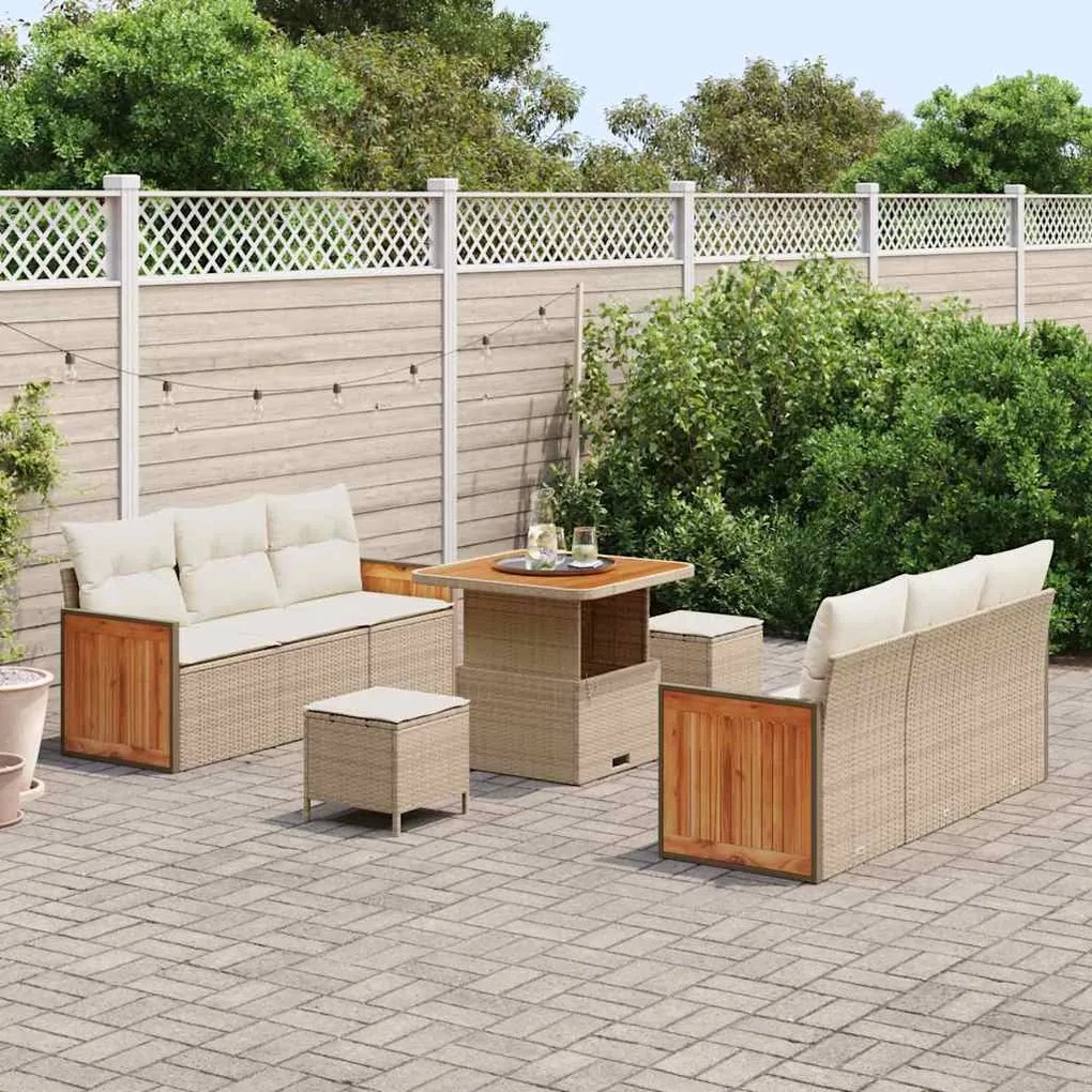 Conjunto de Sofá de Jardim vidaXL 9 Peças com Almofadas Bege Rattan de