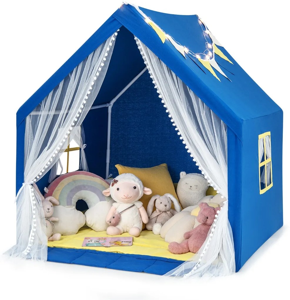 Tenda Infantil com Tapete de Algodão Lavável, Luzes de Estrelas e Janelas 122 x 105 x 125 cm Azul