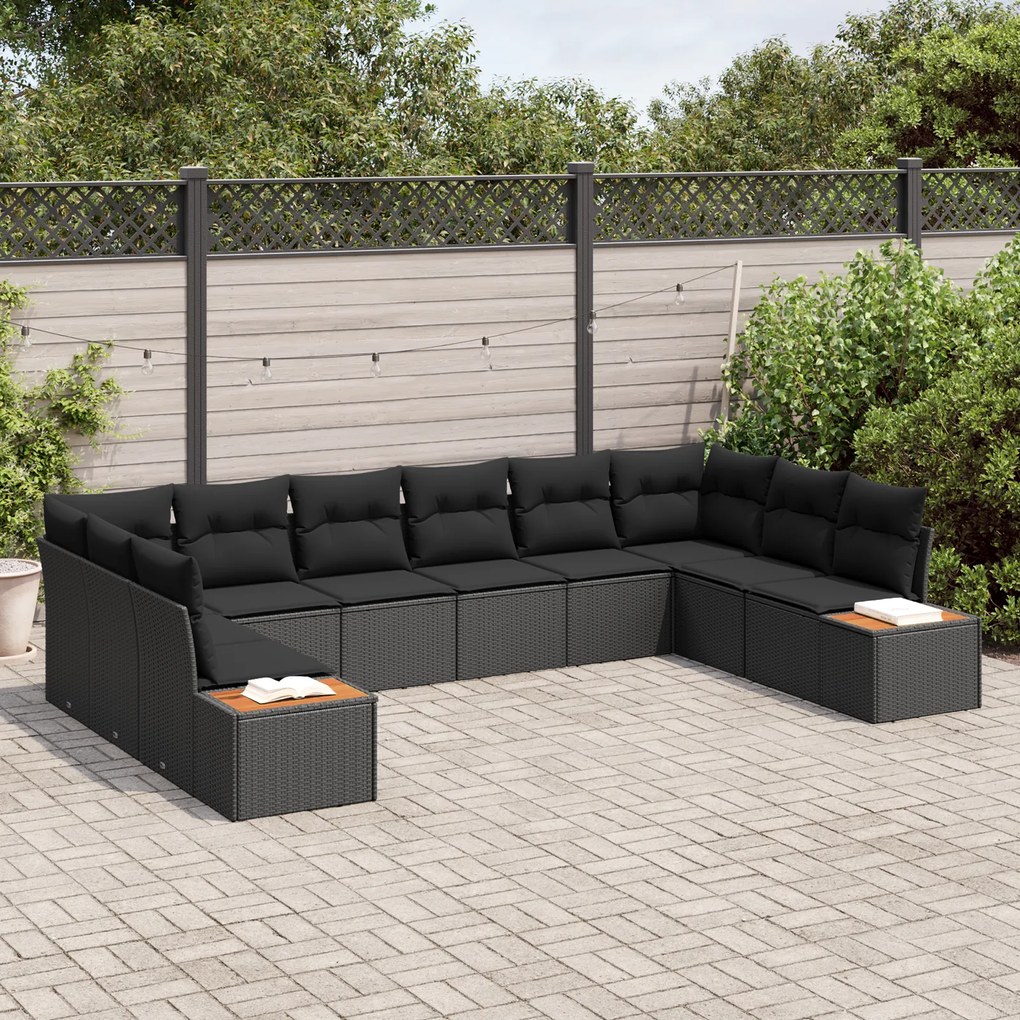 Conjunto de Sofás de Jardim com Almofadas Preto Vime Sintético Acácia