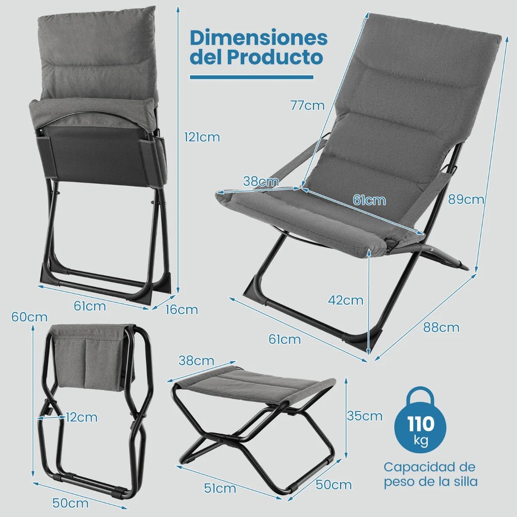 Cadeira de jardim dobrável com pufe portátil para exterior com apoio para os pés e almofada amovível reclinável Cinzento