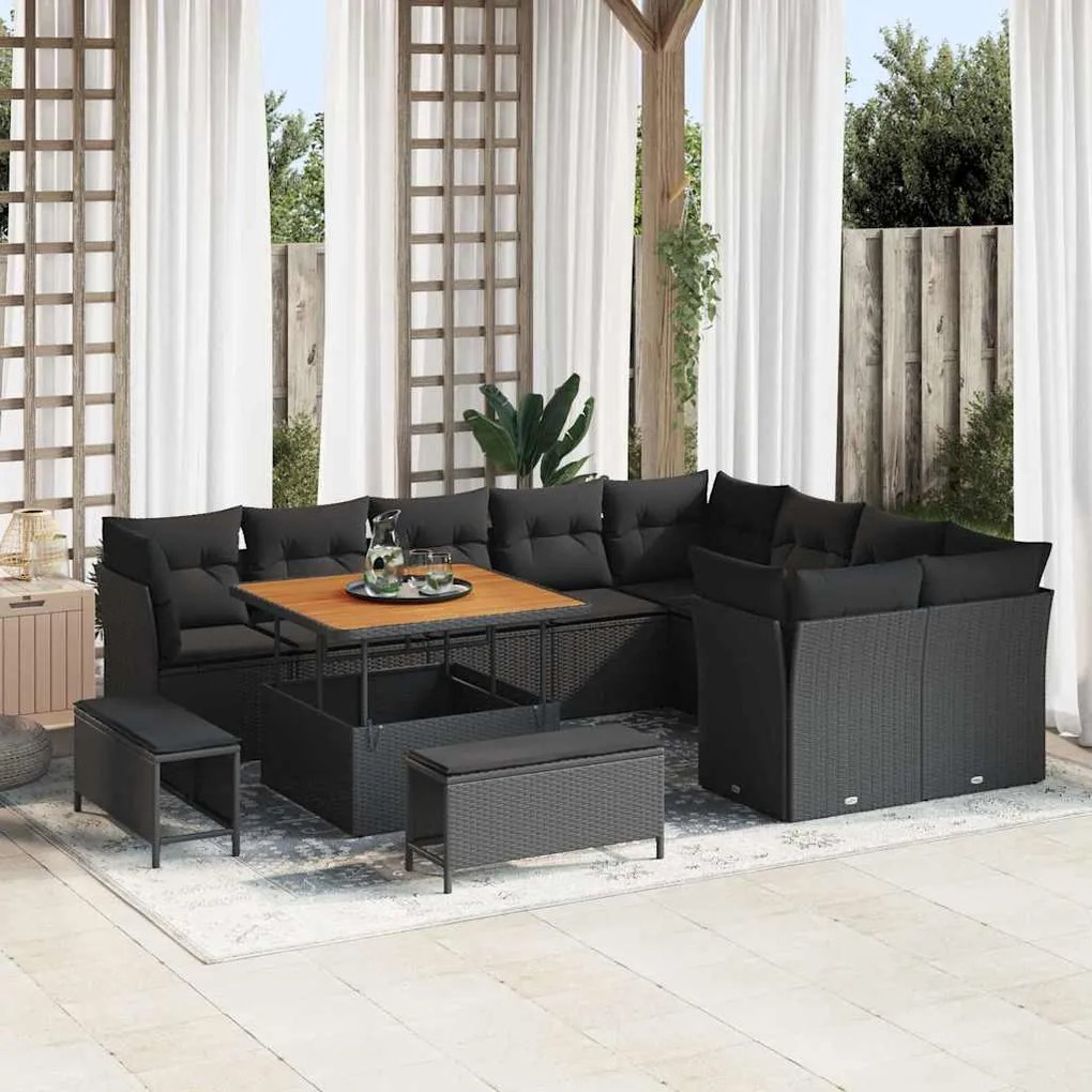 vidaXL Conjunto de Sofás de Jardim com 12 Peças e Almofadas Pretas em Poli Ratan e Madeira de Acácia.