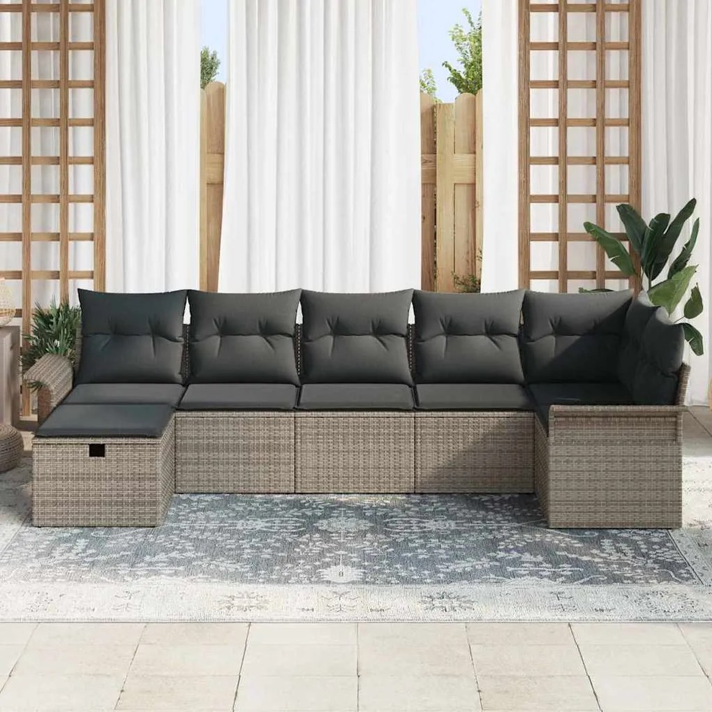 Conjunto de Sofás de Jardim de 7 Peças com Almofadas Cinza Vime PE