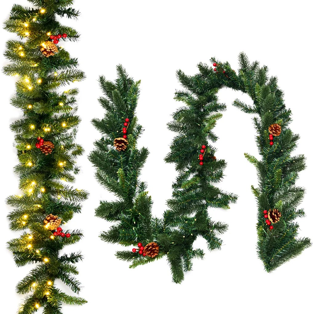 Grinalda de Natal de Pinheiro Iluminado 270 cm Grinalda de Natal Artificial com 100 Luzes LED Bagas Vermelhas Cones de Pinheiro Decorativas com Temporizador