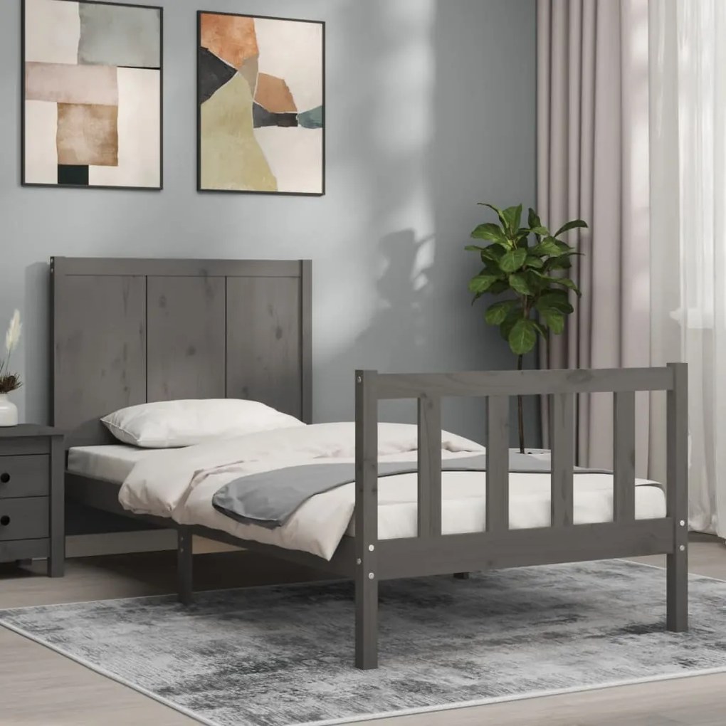 vidaXL Estrutura de cama com cabeceira 90x200 cm madeira maciça cinza