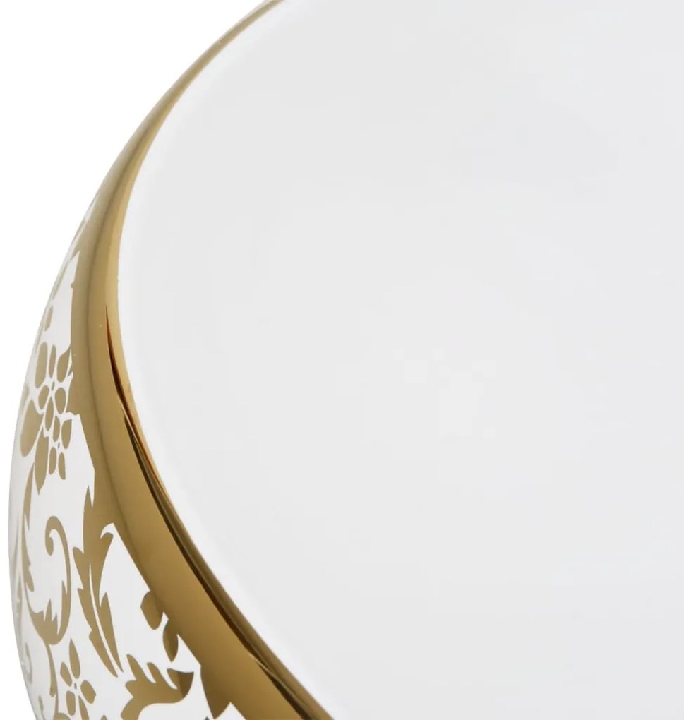 Lavatório de bancada oval 59x40x15 cm cerâmica branco e dourado