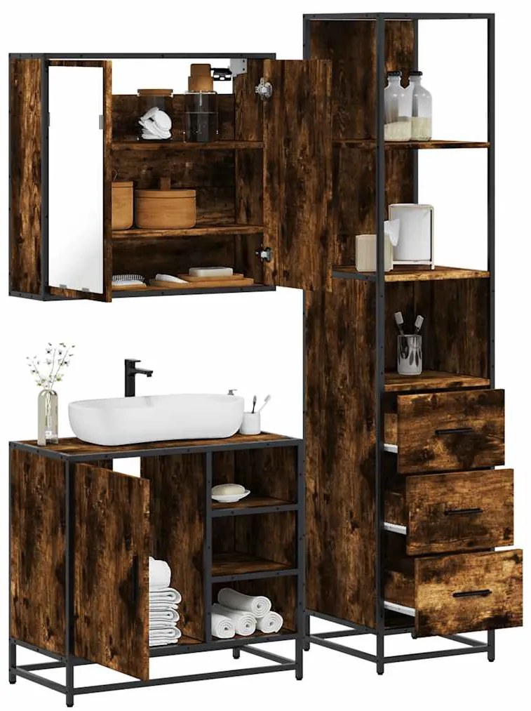 vidaXL 3 pcs conjunto de móveis WC madeira processada carvalho fumado