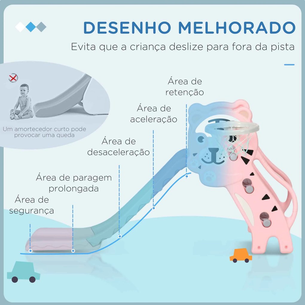 Escorrega para Crianças 2 em 1 com 2 Degraus Cesta de Basquetebol e Desenho de Tigre para Interior 133x60x70 cm Rosa