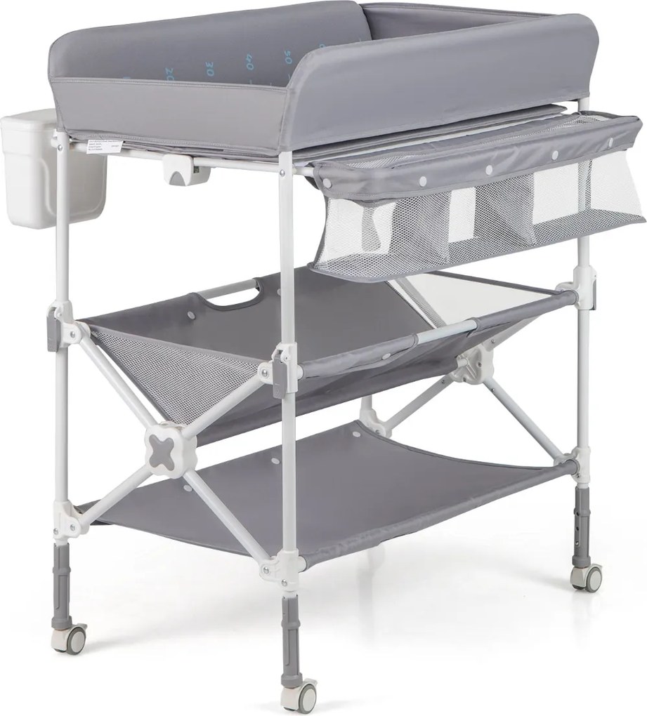 Mesa para trocar fraldas portátil dobrável com rodas impermeável altura ajustável e caixote do lixo para bebés Cinzento