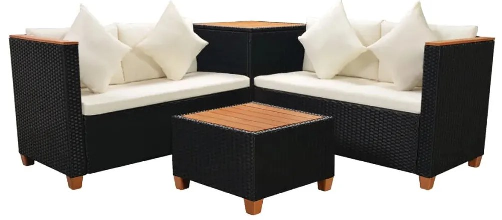 4 pcs conjunto lounge de jardim c/ almofadões vime PE preto