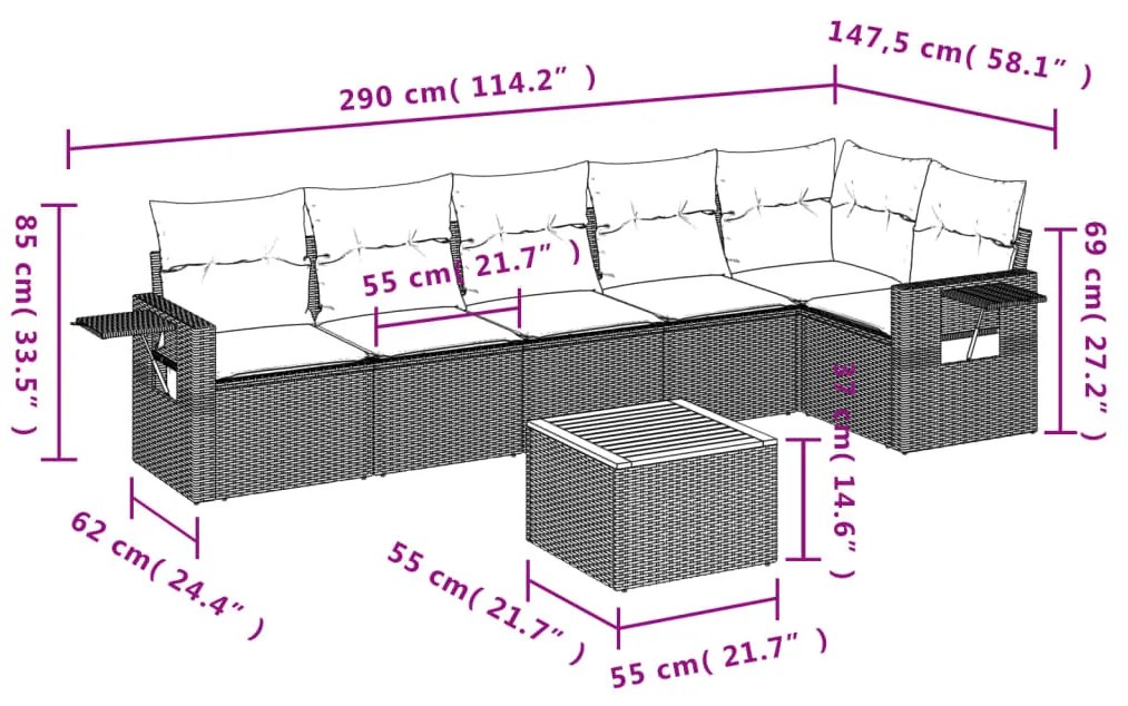 7 pcs conj. sofás jardim c/ almofadões vime PE bege misturado