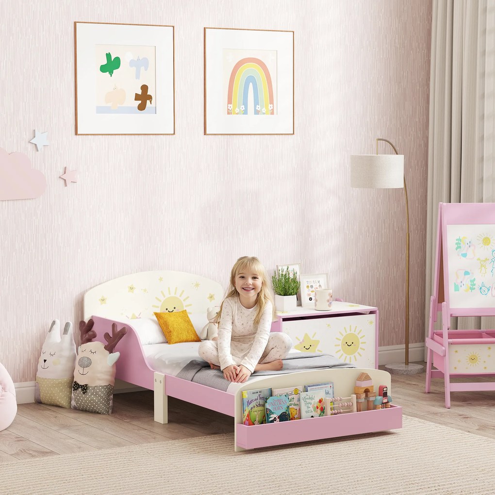 Cama Infantil para Crianças +3 Anos 70x140 cm em Madeira (Colchão não incluído) com Armazenamento e Desenhos de Estrela Rosa