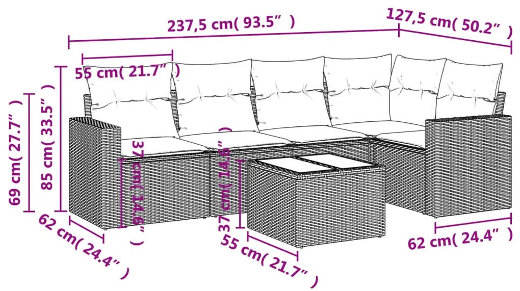 6 pcs conjunto sofás de jardim com almofadões vime cinzento