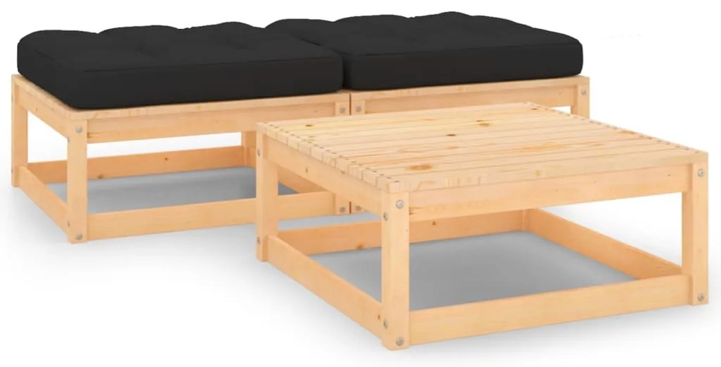 3 pcs conjunto lounge de jardim c/ almofadões pinho maciço