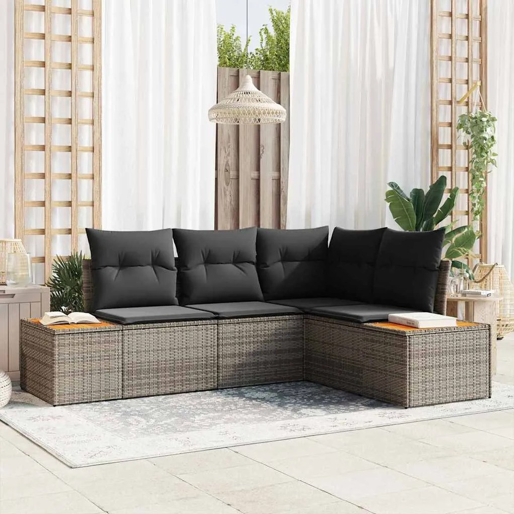 Conjunto de Sofá de Jardim 4 Peças com Almofadas Cinza em Rattan Polié