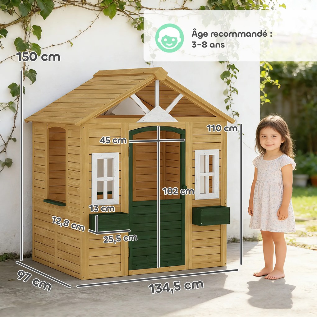 Casa de brincar infantil de exterior em madeira 134,5 x 97 x 150 cm, casinha infantil de exterior com porta, janelas, 2 floreiras, castanha