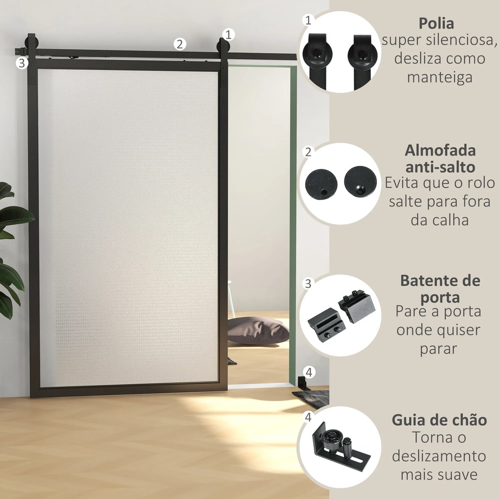 Kit de Ferragens para Porta Deslizante de Celeiro com Amortecedor Sem Perfuração e 2 Trilhos 244cm Preto