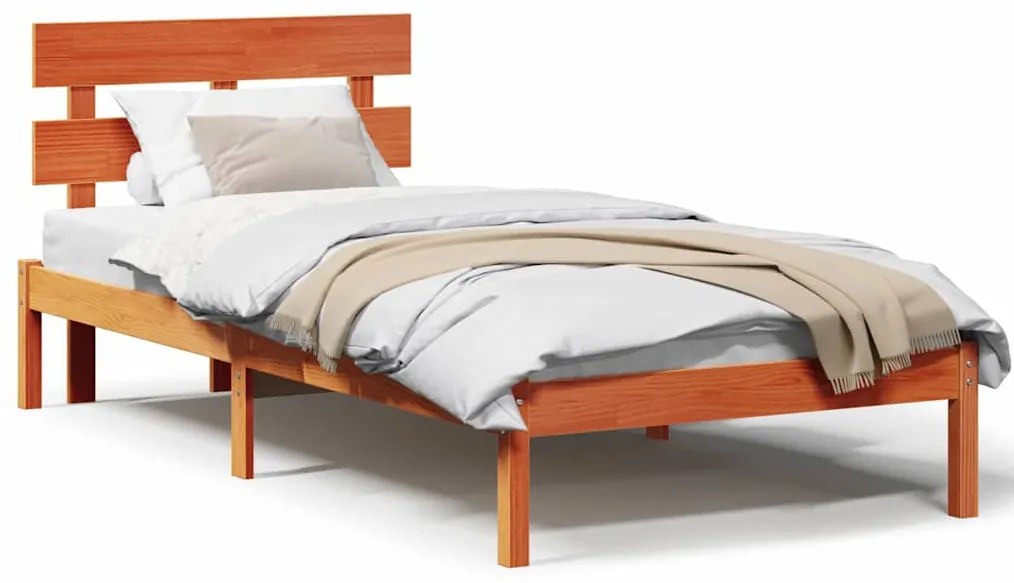 Estrado de Cama com Cabeceira Castanho 90x190 cm Madeira Maciça de Pin