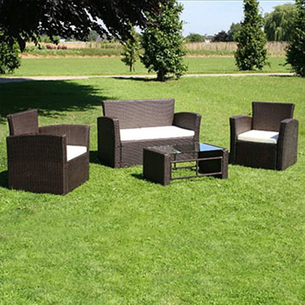 40473 vidaXL 4 pcs conjunto lounge jardim c/ almofadões vime PE castanho
