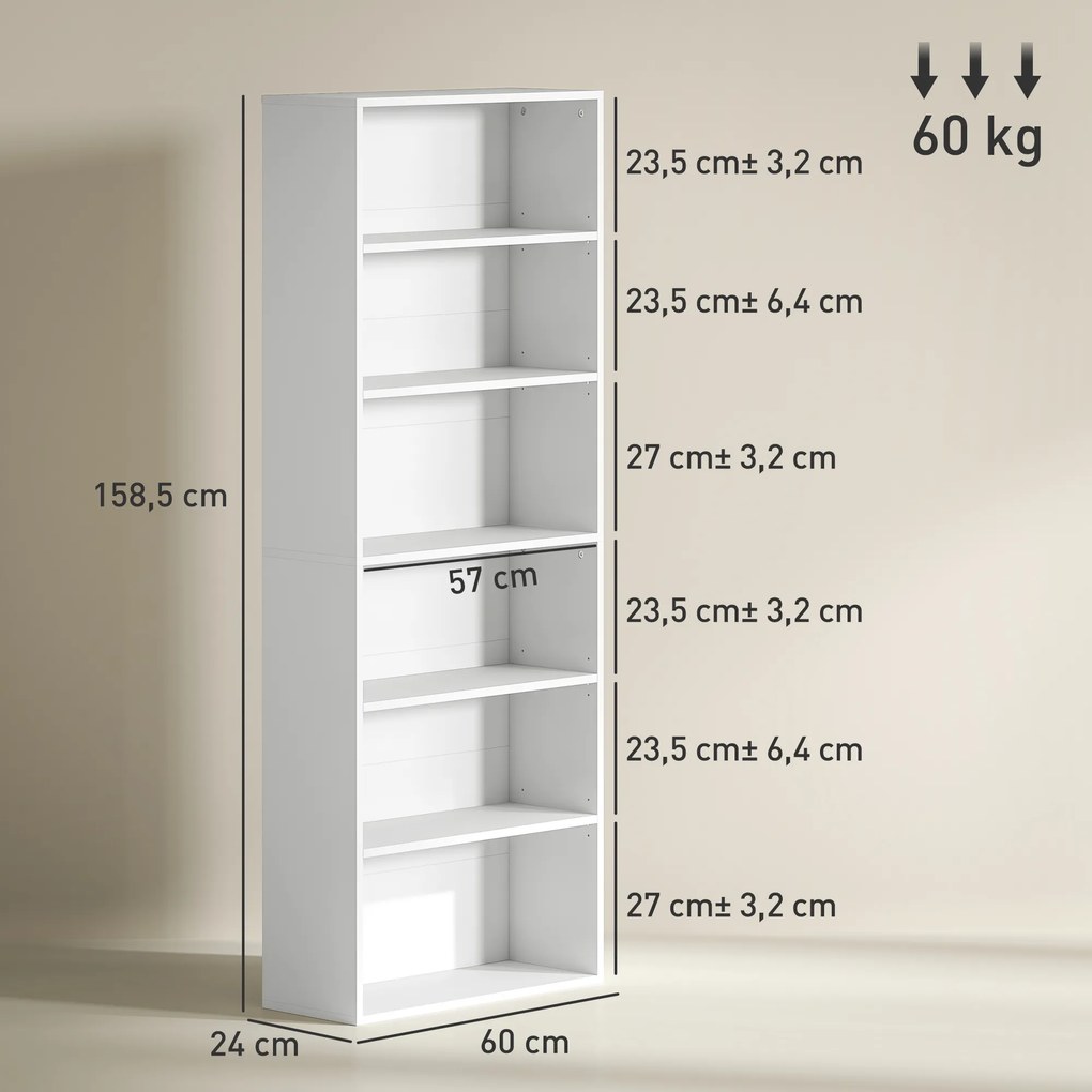 Estante de arrumação 60 x 24 x 158,5 cm com 6 níveis e prateleiras ajustáveis para sala de estar, quarto, escritório, branca