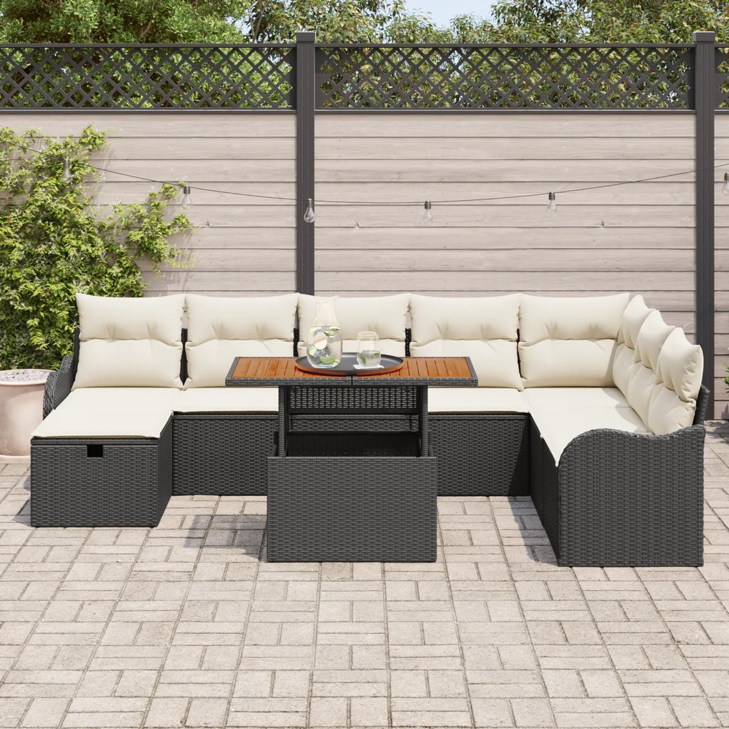 Conjunto de Sofás de Jardim de 9 Peças com Almofadas Preto Ratan de Po
