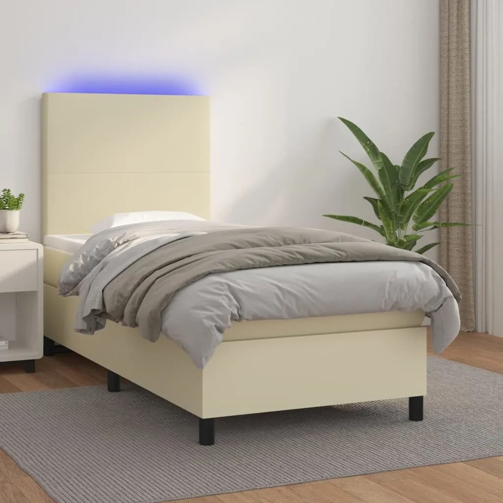 vidaXL Cama box spring c/ colchão/LED 90x200 cm couro artificial creme