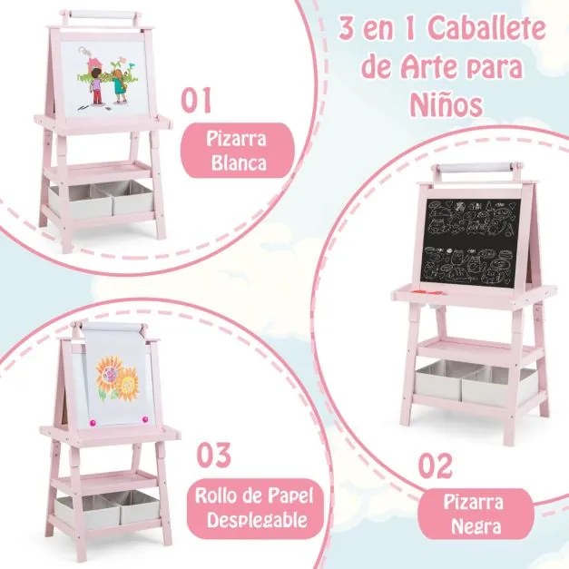 Cavalete infantil de dupla face 3 em 1 com 2 prateleiras 2 caixas e tabuleiro grande 59 x 50 x 117 cm Rosa