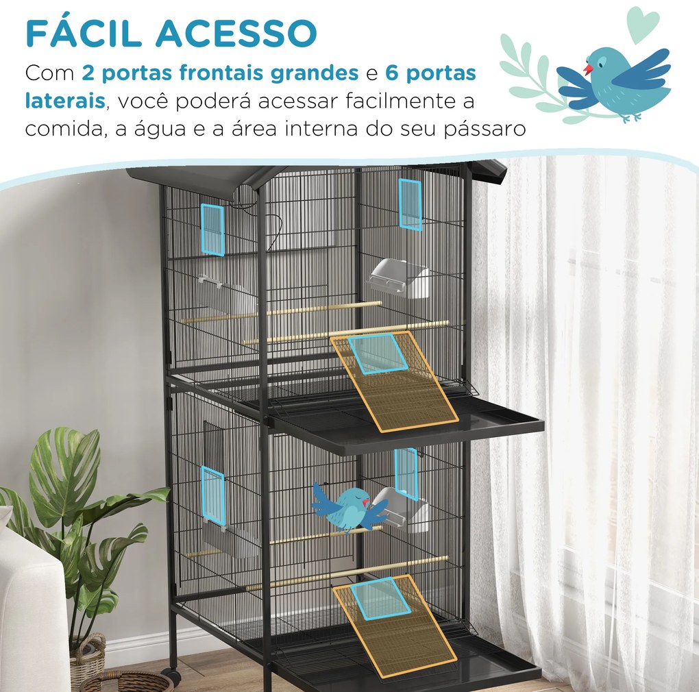 Gaiola para Pássaros Convertível em Somente Uma com Rodas 4 Comedouros e 4 Poleiros e Bandejas Amovíveis 78x75x168 cm Preto