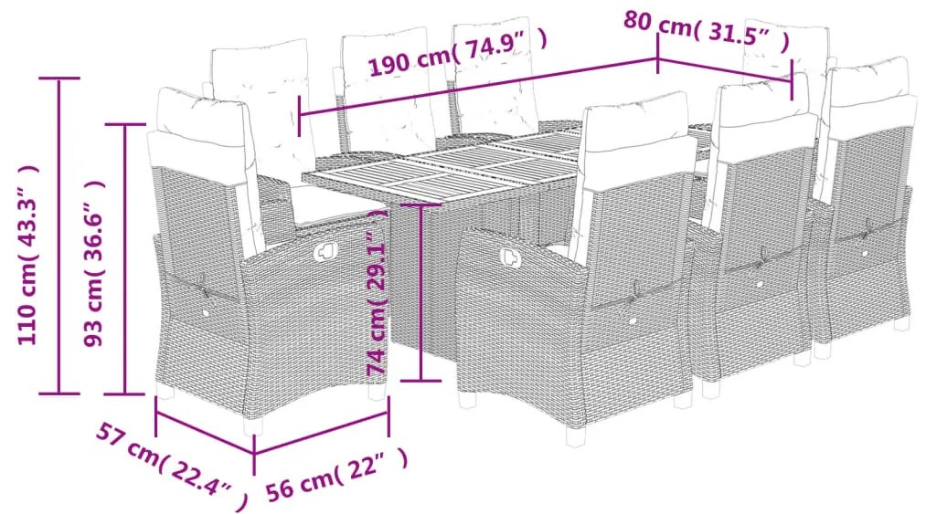 9 pcs conjunto de jantar p/ jardim c/ almofadões vime PE cinza
