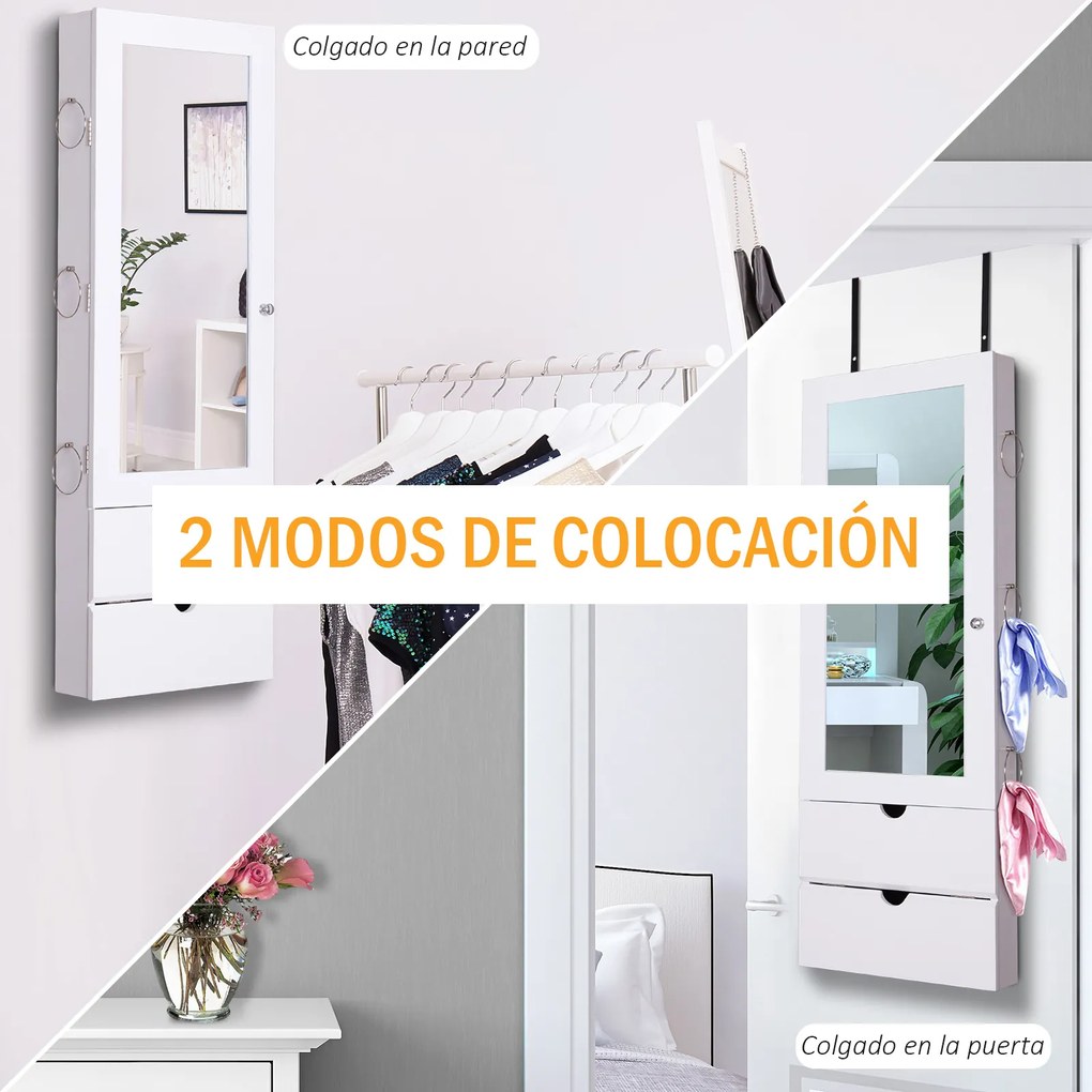 HOMCOM Espelho com Móvel de Bijuterias de Parede ou Porta Armário Porta Jóias com Altura Ajustável 2 Prateleiras Fechadas com Portas e Organizador de Jóias 35,5x9,5x102cm Branco