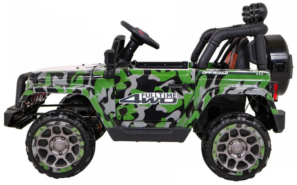 Jiep elétrico para Crianças 12V 4x4 Full Time 4WD Moro Off-Road Rodas EVA, assento couro ecológico Militar