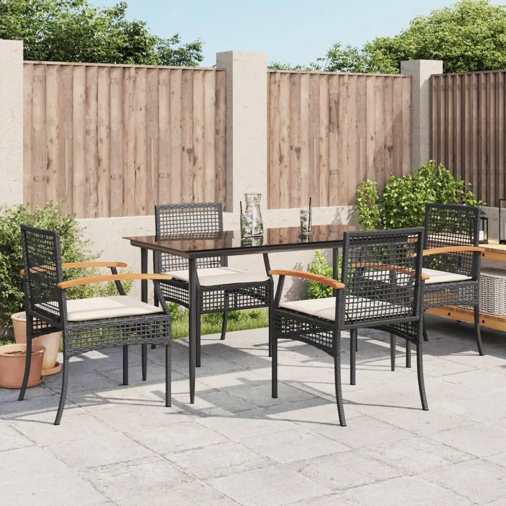 vidaXL 5 pcs conjunto de jantar p/ jardim c/ almofadões vime PE preto