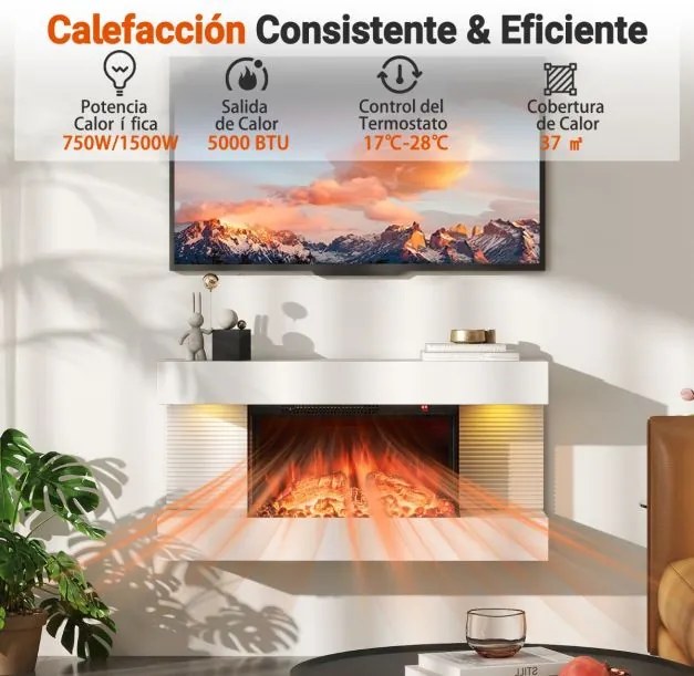 Lareira elétrica de parede 82 x 20,6 x 41,8 cm de 32″ com prateleira flutuante, luzes LED com 12 cores de chama e proteção contra sobreaquecimento, co