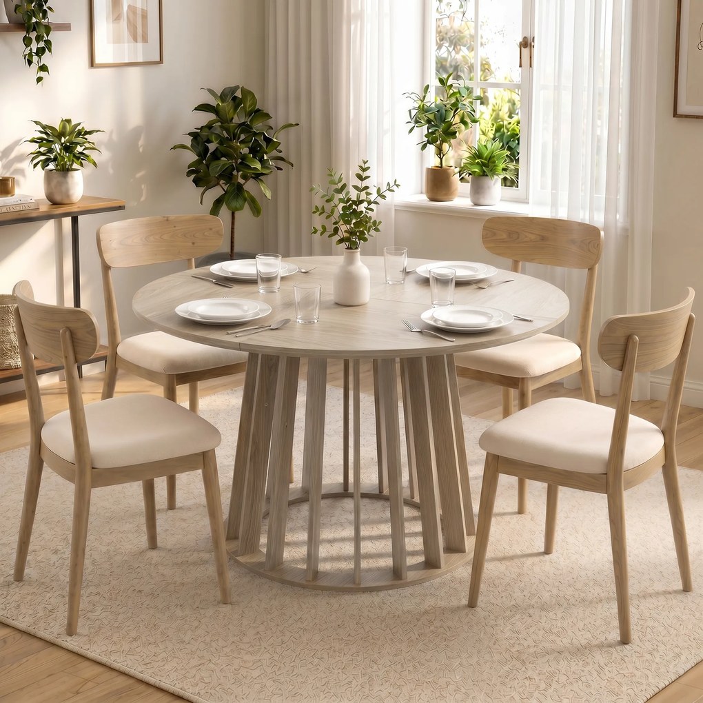 Mesa de jantar redonda para 4 a 6 pessoas, Ø 120 x 75 cm (CADEIRAS NÃO INCLUIDAS), mesa de cozinha com base robusta em ripas, madeira natural