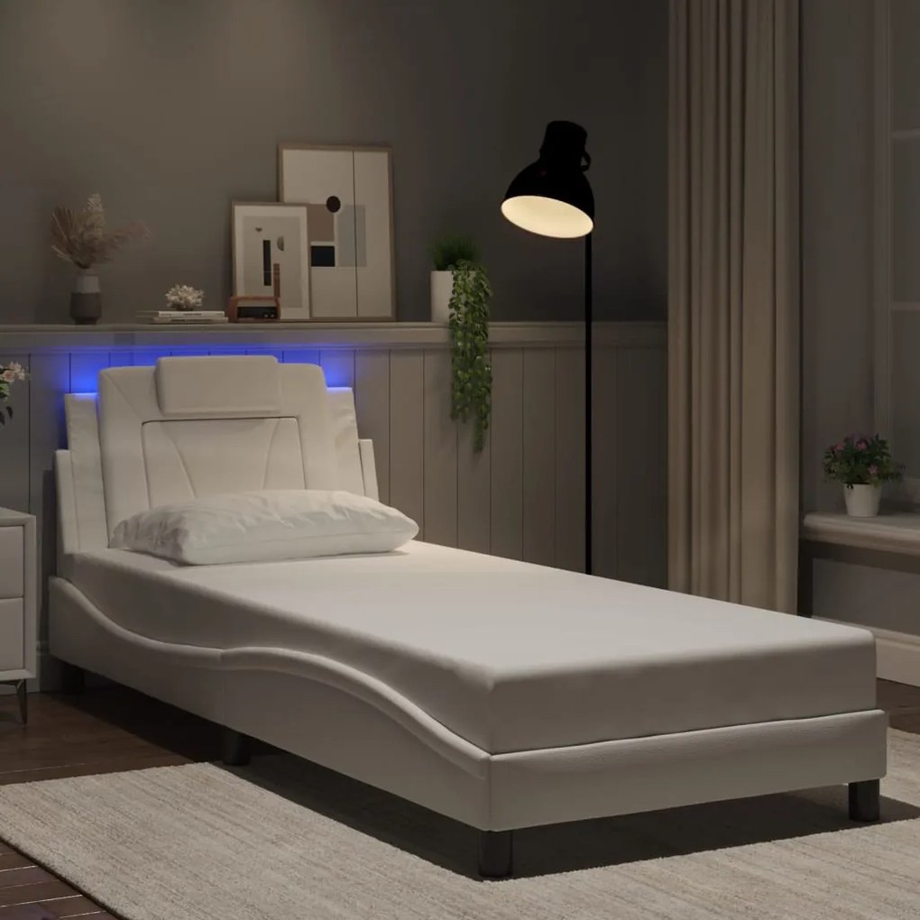 Estrutura de cama c/ luzes LED 90x190cm couro artificial branco