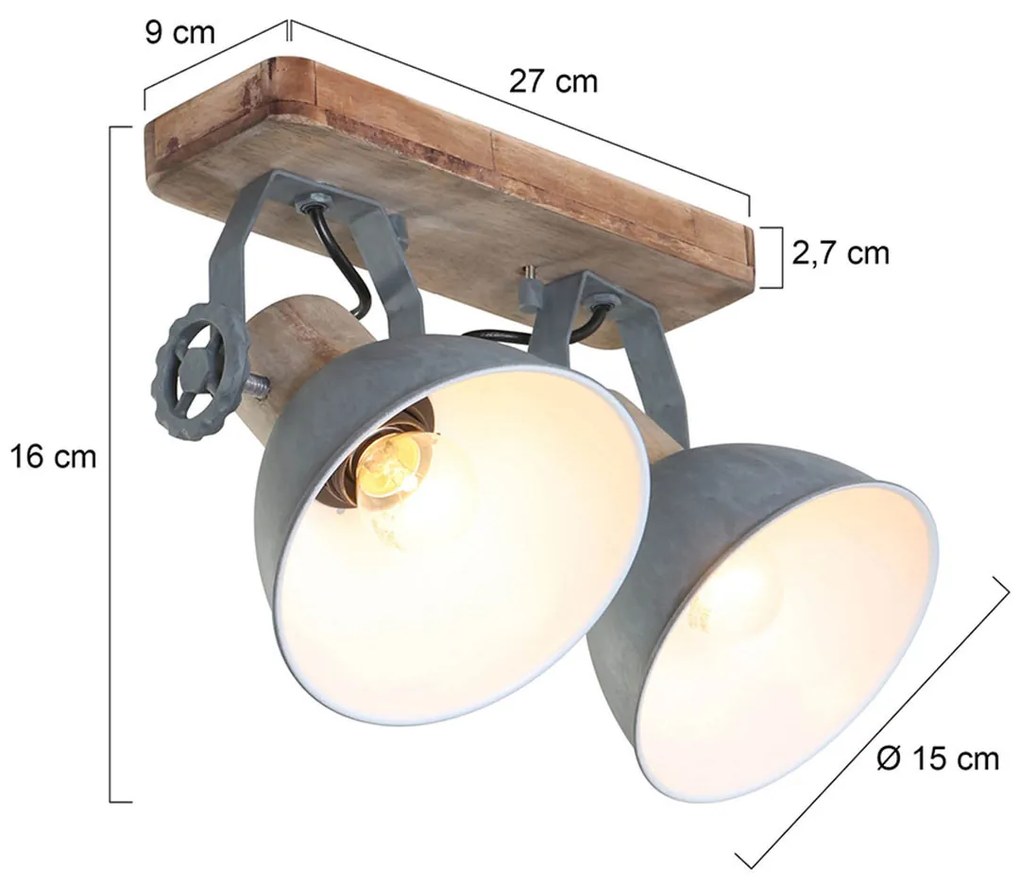 Industriële plafondspot hout met grijs 2-lichts draai- en kantelbaar - Gearwood Industrial