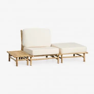 Conjunto De Jardim Com Poltrona, Puff E Mesa Auxiliar Lateral Retangular 75x40 Cm Em Bambu Isendra Tecido Branco - Sklum