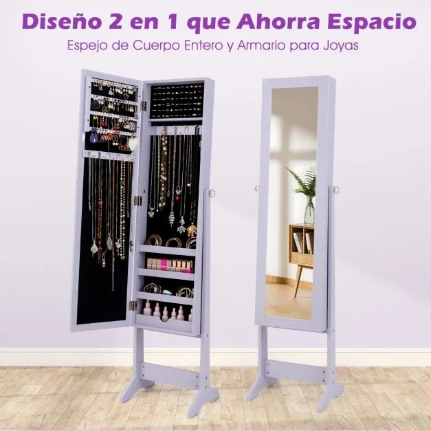 Armário Joias com Espelho de Corpo Inteiro e 3 Ângulos Reguláveis Organizador de Jóias 2 em 1 35 x 30 x 144 cm Violeta
