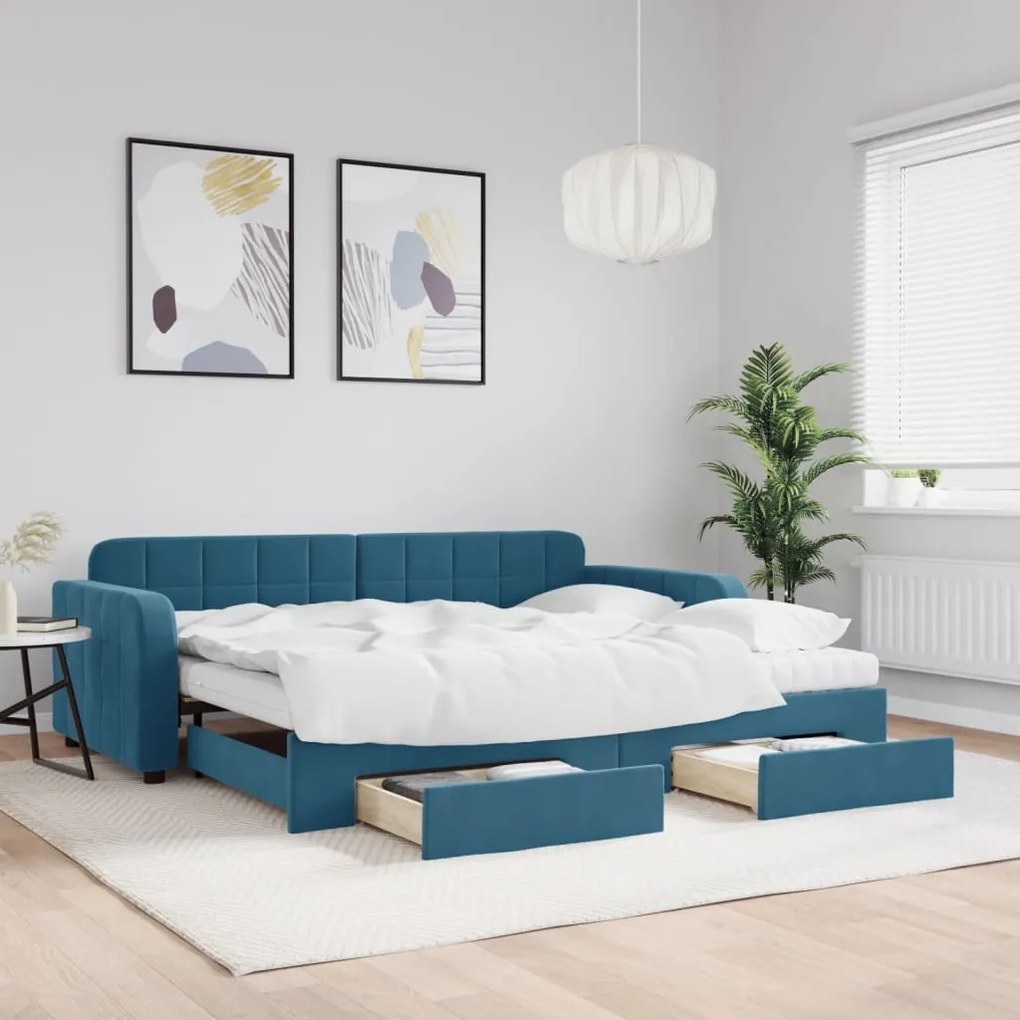 Sofá-cama com gavetão e gavetas 90x200 cm veludo azul