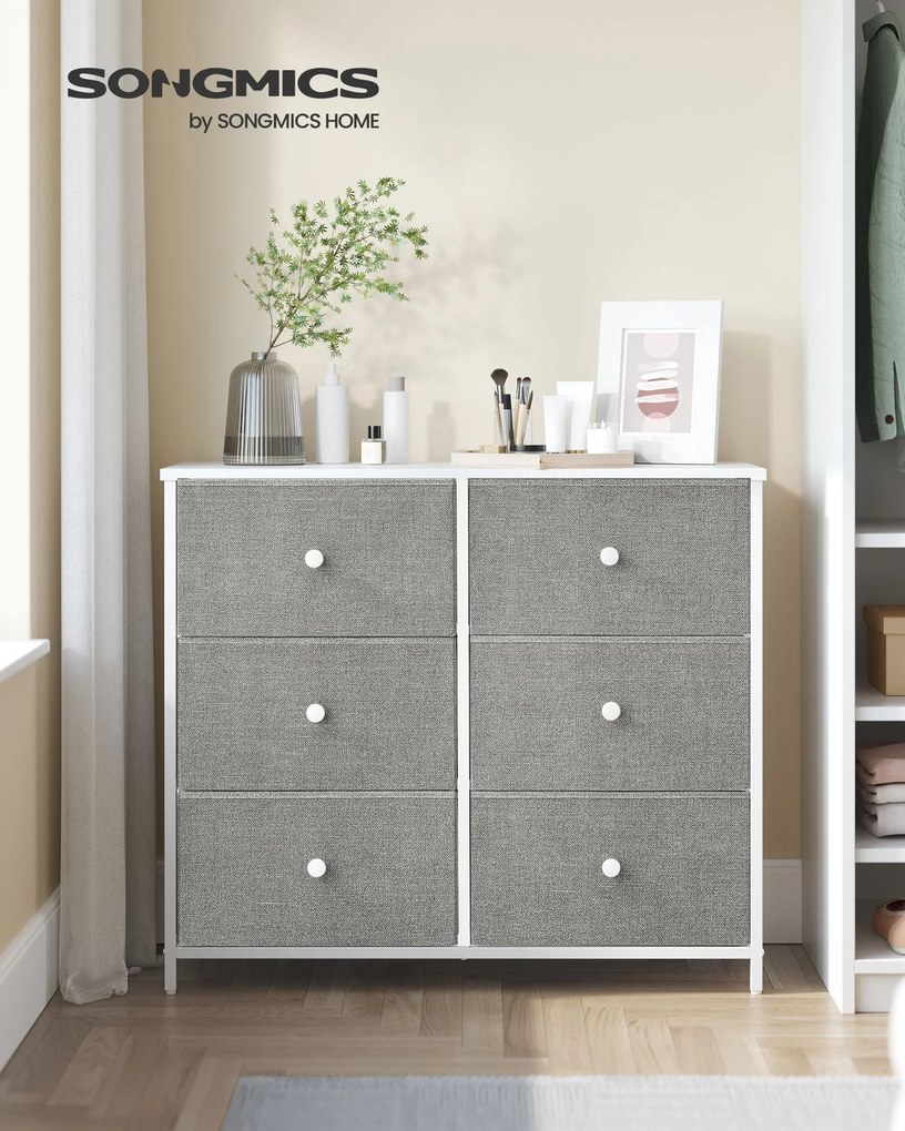 Cómoda com 6 gavetas em tecido com estrutura metálica e organizador 30 x 80 x 71 cm cinza claro, branco