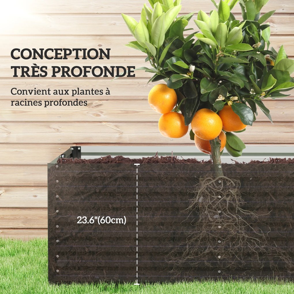 Floreira elevada galvanizada retangular para exterior - fundo aberto - 240 x 120 x 60 cm, cinzento
