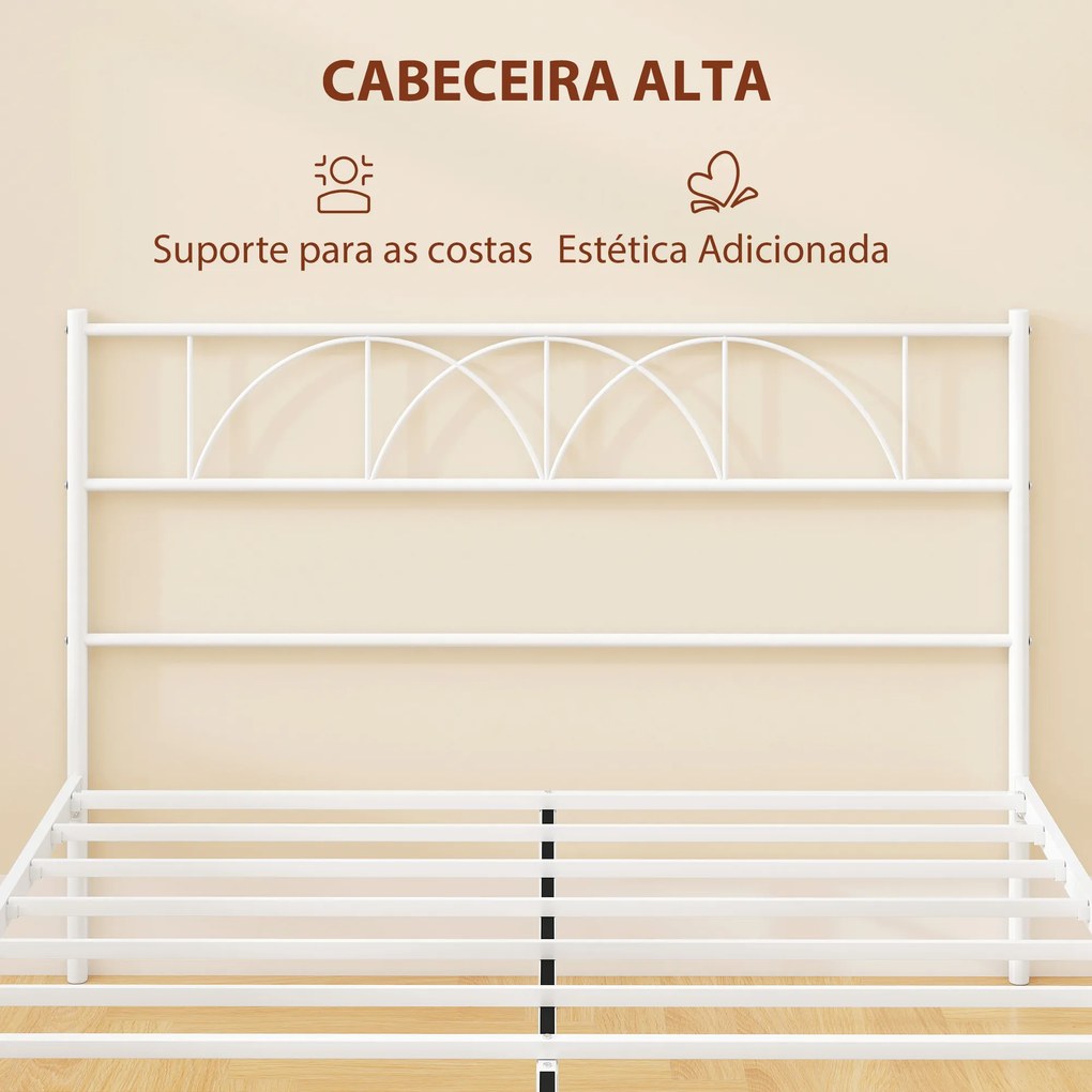 Cama de Casal com Cabeceira de Ripas de Aço (COLCHÃO NÃO INCLUIDO) e Espaço de Arrumação Debaixo da Cama Carga 330 kg 141,5x198x98 cm Branca