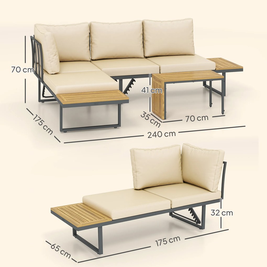 Conjunto de Móveis de Jardim Sofás de Exterior em Forma de L com 2 Sofás de 3 Lugares Assento Ajustável e Mesa Bege e Cinza