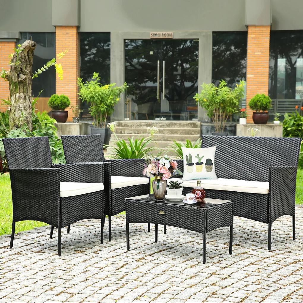 Conjunto de mobiliário de jardim de 4 peças com mesa de vidro temperado Sofá Cadeiras de rattan Almofadas de assento para pátio e jardim preto + Branc